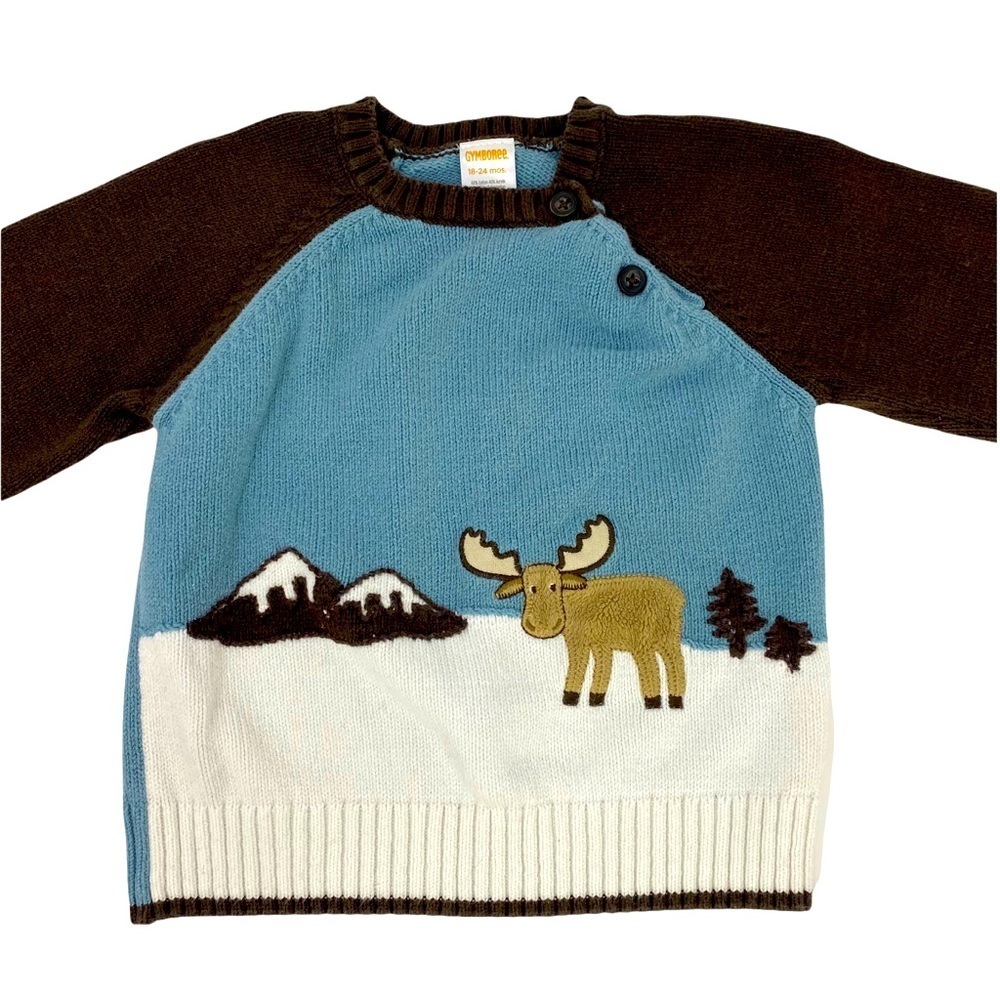 Moose snow sweater brown and white with side neck buttons size 18-24 months
